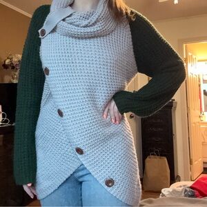 Cozy Asymmetrical Button Front Sweater Cardigan - Gray with Green Sleeves